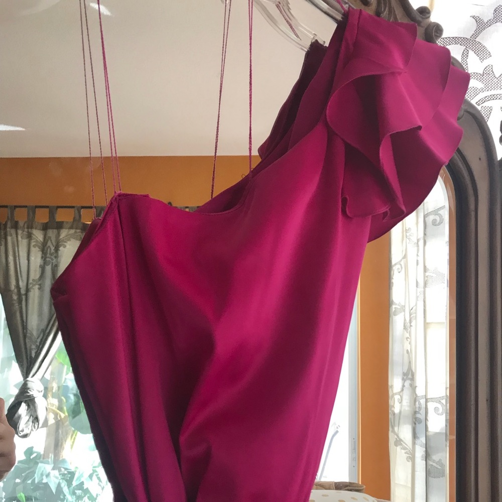 One shoulder fuschia pink cocktail dress